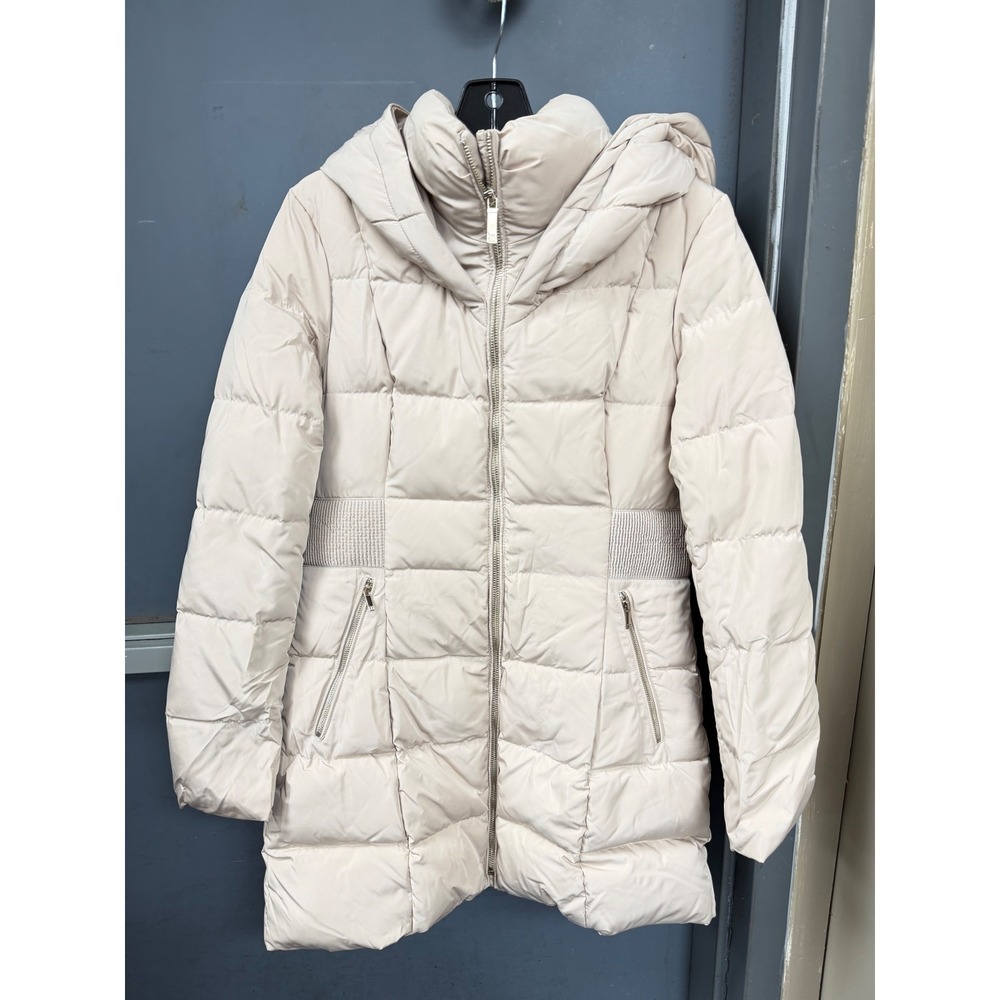 Ivanka Trump Womens Cream Quilted Puffer Jacket Hooded Mid Length Coat Size S